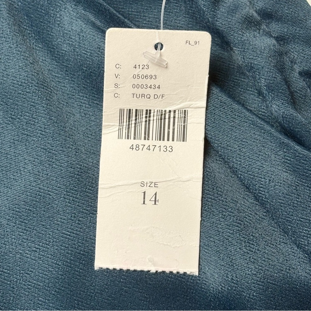 NEW Anthropologie Ett Twa Crop Pants Womens 14 Turquoise Satin Tie Waist - Picture 15 of 15